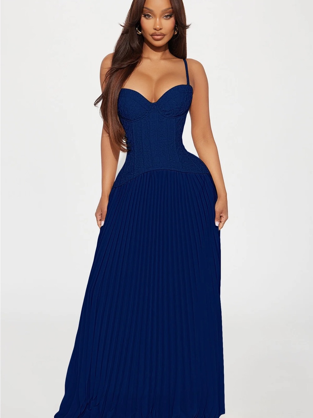 Fashion Nova Navy Corset Pleated Maxi Dress